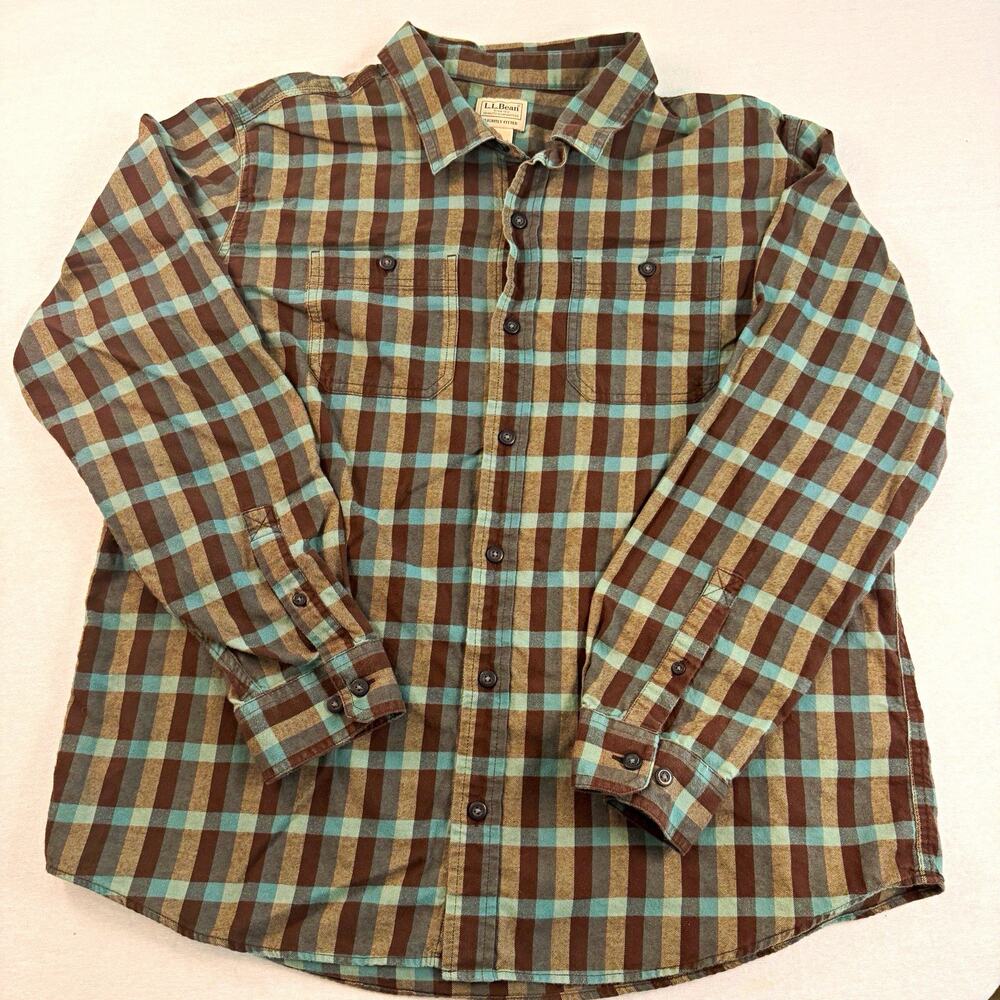 LL Bean Mens XL Plaid Flannel Shirt Long Sleeve Two Pocket Brown Teal Blue